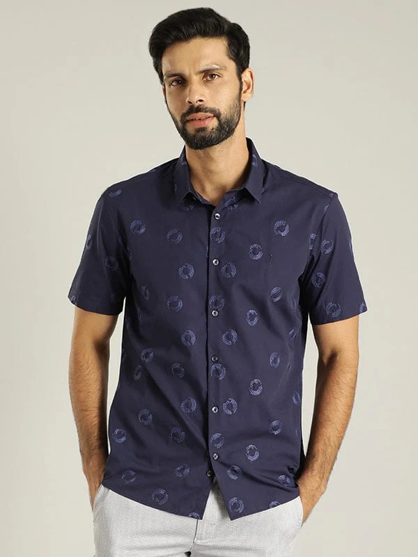Indian Terrain Men Embroidered Dark Blue Shirt